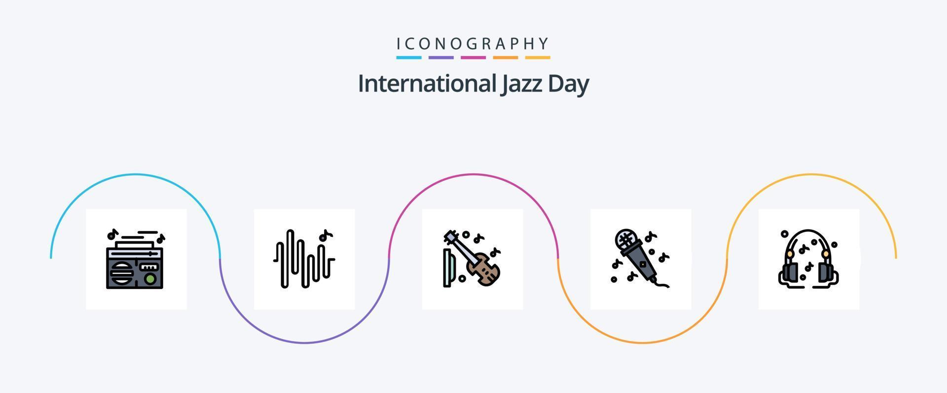 internationell jazz dag linje fylld platt 5 ikon packa Inklusive . musik. Utrustning. hörlurar. mikrofon vektor