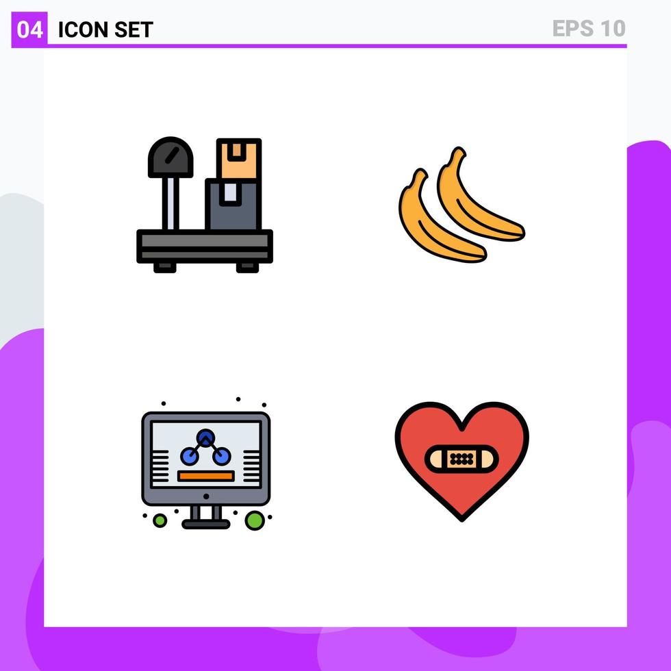 modern uppsättning av 4 fylld linje platt färger pictograph av låda skärm banan företag plåster redigerbar vektor design element