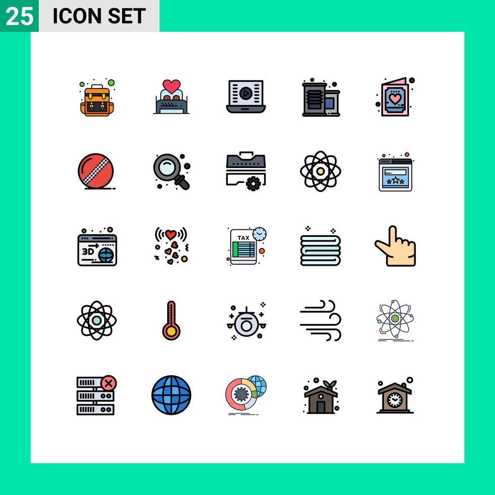 modern uppsättning av 25 fylld linje platt färger och symboler sådan som kort mataffär rum konserverad mat video spela redigerbar vektor design element