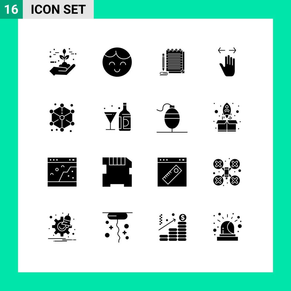 Pack von 16 modern solide Glyphen Zeichen und Symbole zum Netz drucken Medien eine solche wie Würfel richtig Notizblock links Hand editierbar Vektor Design Elemente