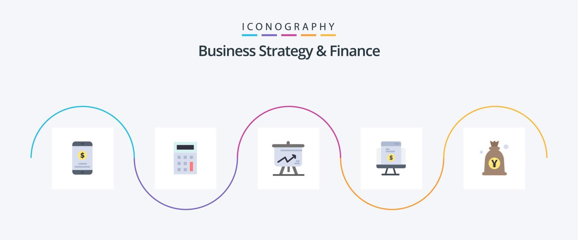 Geschäft Strategie und Finanzen eben 5 Symbol Pack einschließlich Yen. E-Commerce. Analytik. Einkaufen. Zahlung vektor