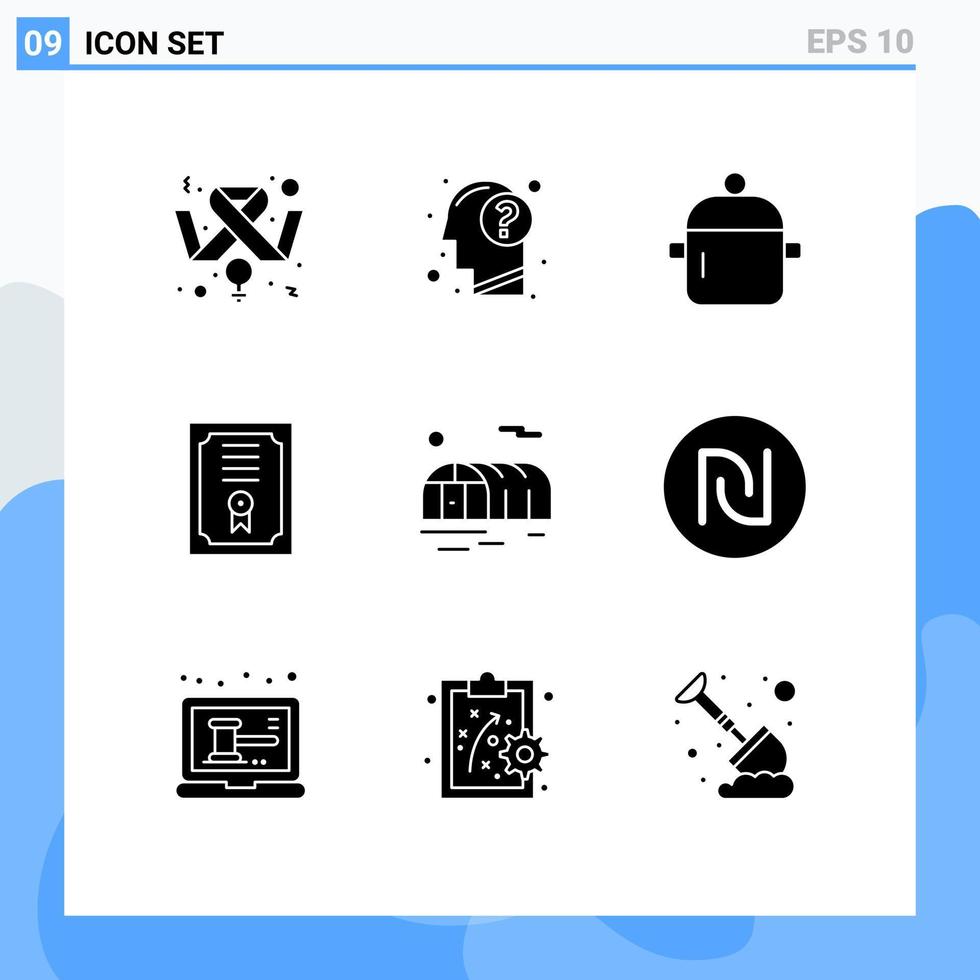 Universal- Symbol Symbole Gruppe von 9 modern solide Glyphen von Landwirtschaft Grad Verstand Zertifikat Küche editierbar Vektor Design Elemente