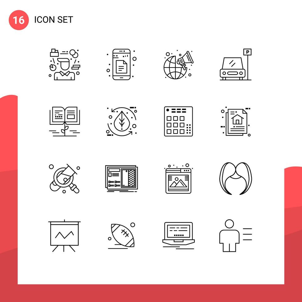 grupp av 16 konturer tecken och symboler för tillväxt tecken app parkering över hela världen redigerbar vektor design element