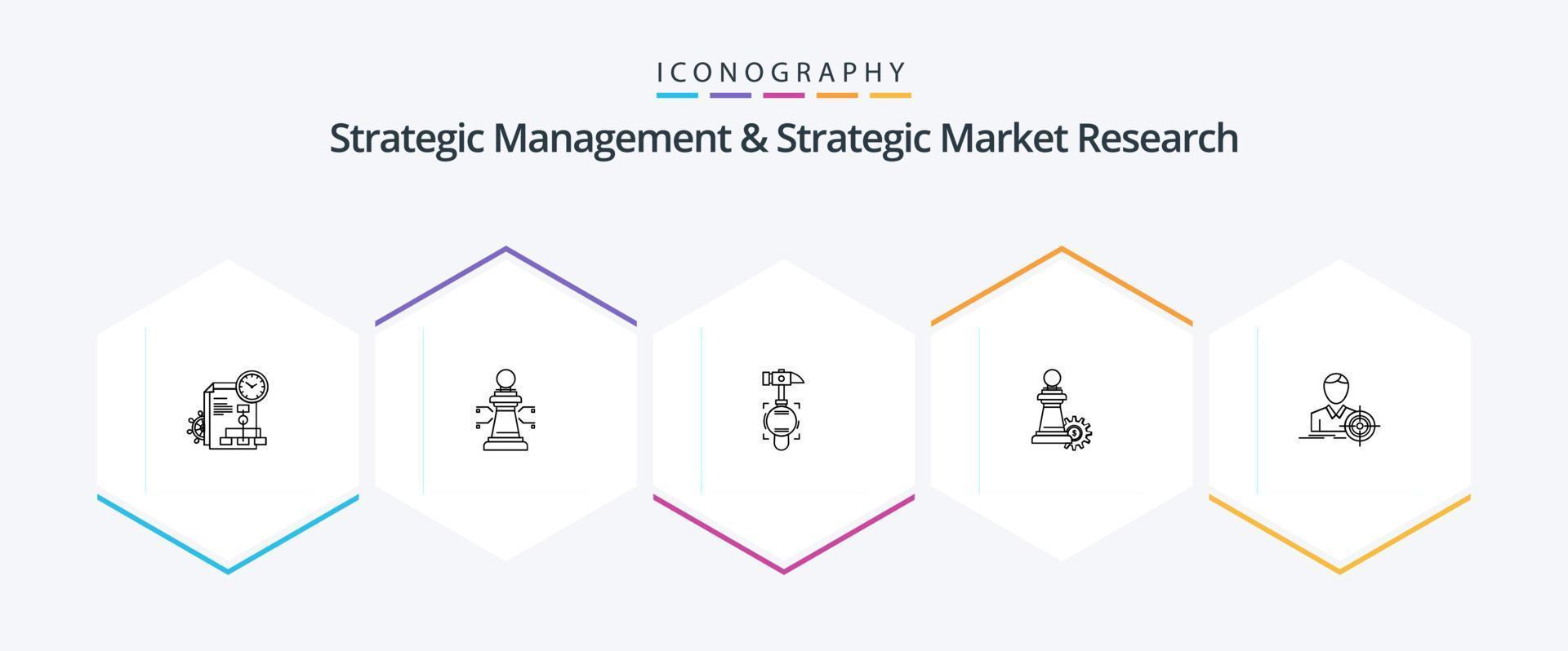 strategisk förvaltning och strategisk marknadsföra forskning 25 linje ikon packa Inklusive fokus. Framgång. hammare. strategi. schack vektor