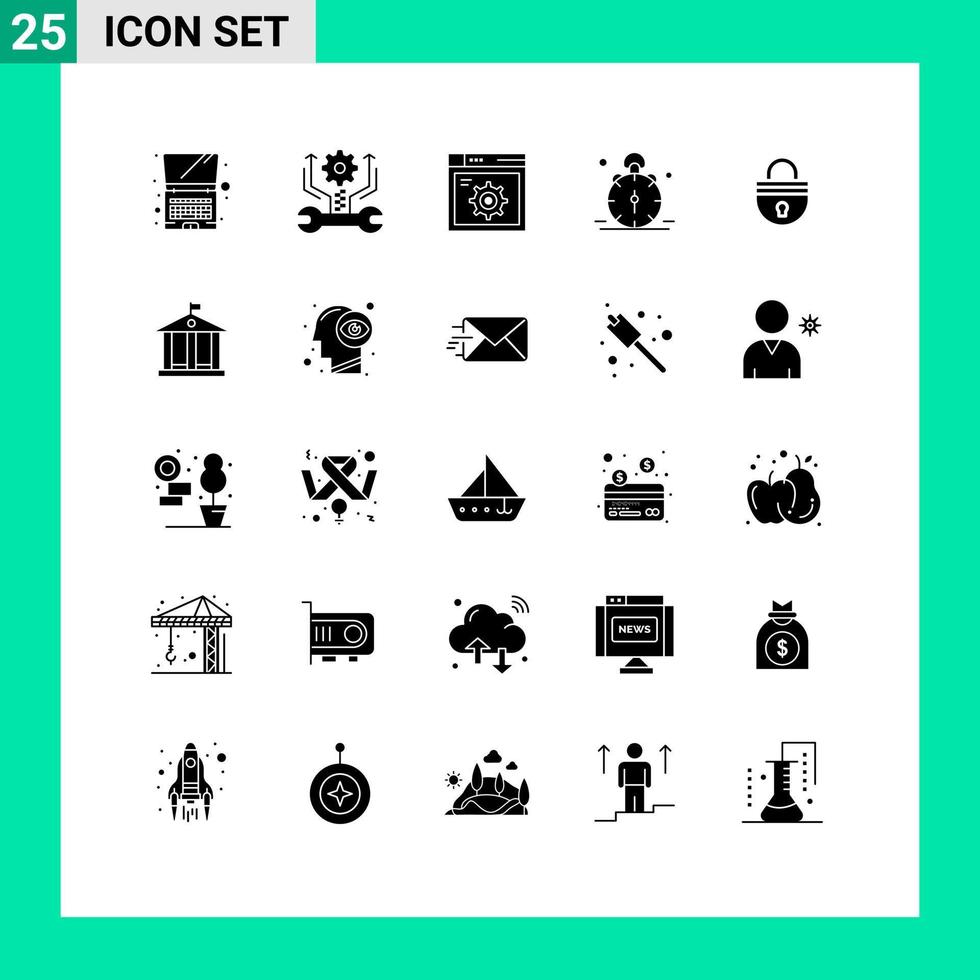 25 solide Glyphe Konzept zum Websites Handy, Mobiltelefon und Apps sichern warnen Rahmen Glocke Uhr editierbar Vektor Design Elemente