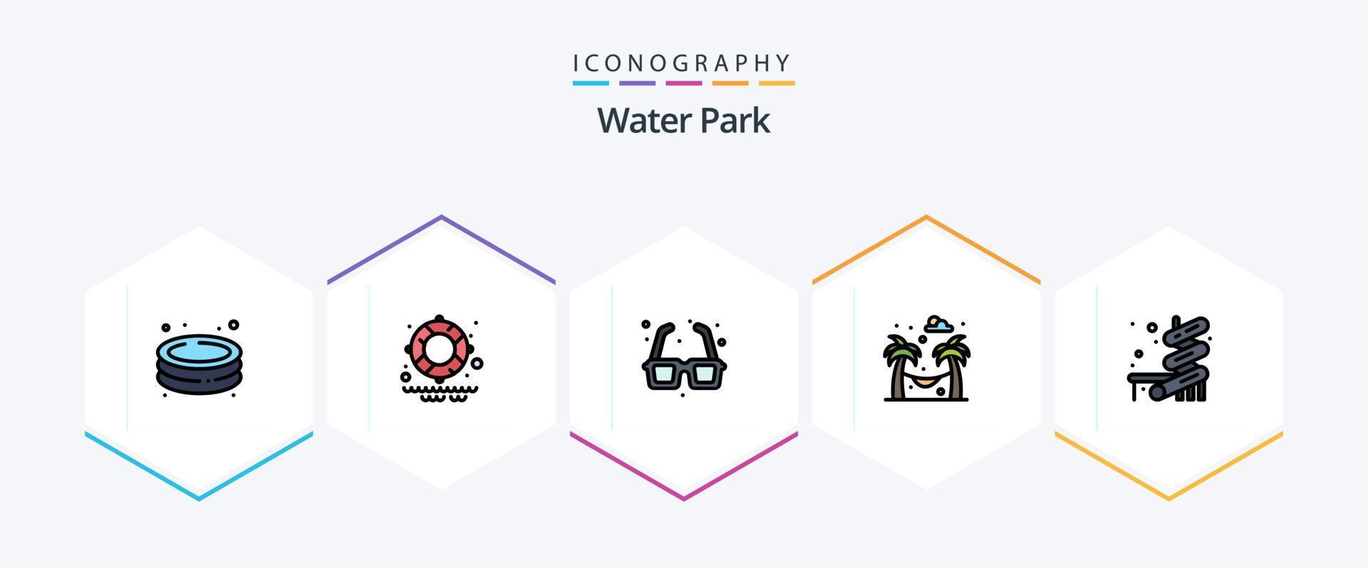 Wasser Park 25 gefüllte Linie Symbol Pack einschließlich Park. Schieberegler. Brunnen. Garten. Hängematte vektor