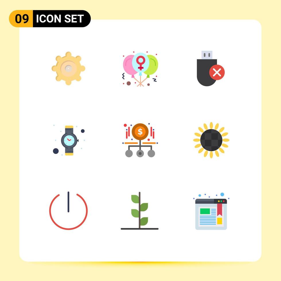9 universell platt färger uppsättning för webb och mobil tillämpningar pengar kontanter enheter Kolla på hand Kolla på redigerbar vektor design element