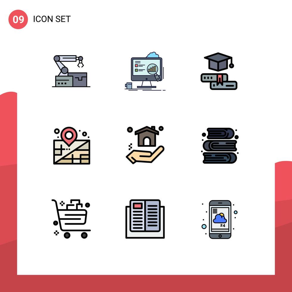 Universal- Symbol Symbole Gruppe von 9 modern gefüllte Linie eben Farben von Zuhause Verwaltung Statistiken Geschäft Abschluss editierbar Vektor Design Elemente