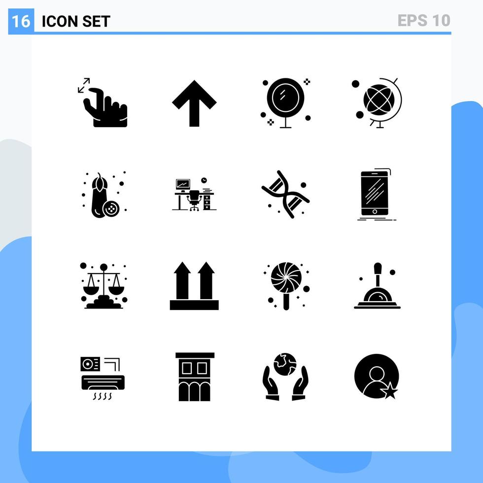 Gruppe von 16 modern solide Glyphen einstellen zum Gemüse Aubergine Badezimmer Globus Bildung editierbar Vektor Design Elemente