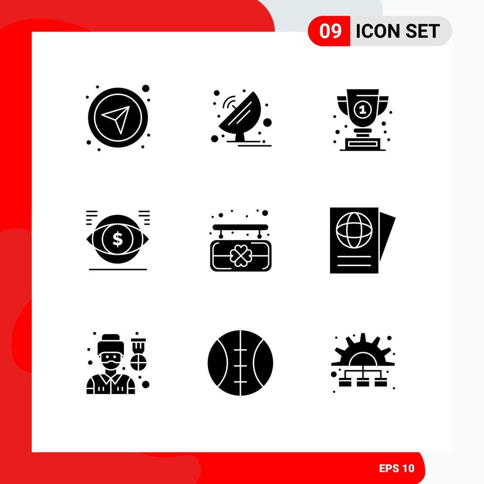 9 Benutzer Schnittstelle solide Glyphe Pack von modern Zeichen und Symbole von Vision Geld Wissenschaft Dollar Erfolg editierbar Vektor Design Elemente
