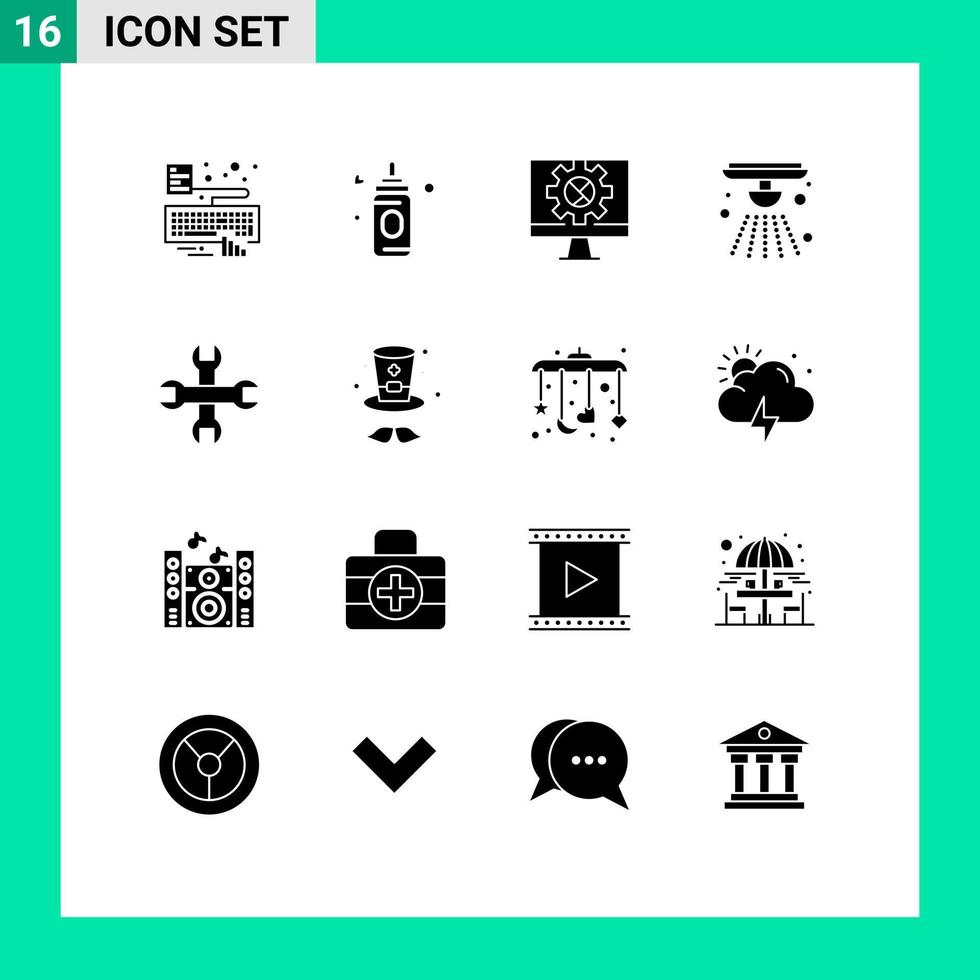 Gruppe von 16 solide Glyphen Zeichen und Symbole zum Schlüssel Optionen Internet Feuer warnen editierbar Vektor Design Elemente