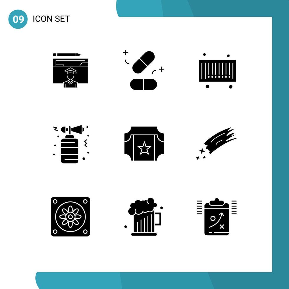 9 Universal- solide Glyphe Zeichen Symbole von Film Party Wissenschaft Nacht Horn editierbar Vektor Design Elemente