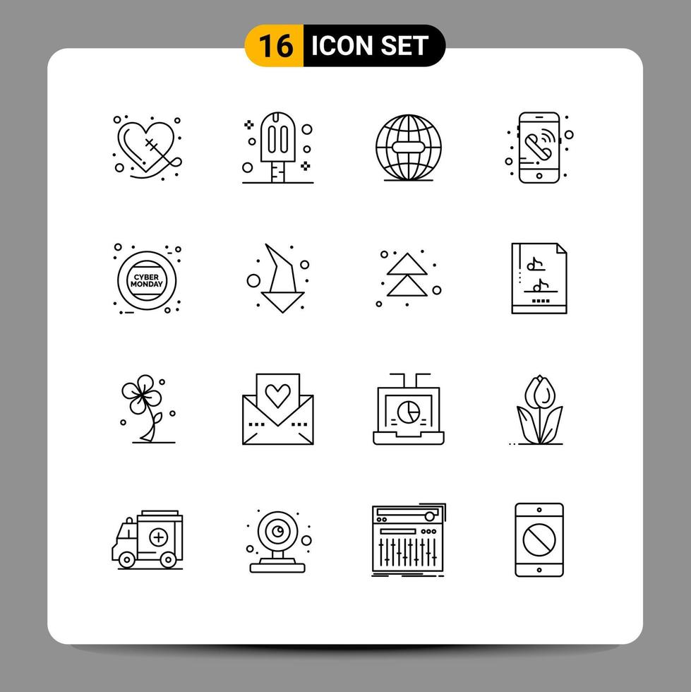 Gruppe von 16 Umrisse Zeichen und Symbole zum Montag Cyber Erde Telefon Anruf editierbar Vektor Design Elemente