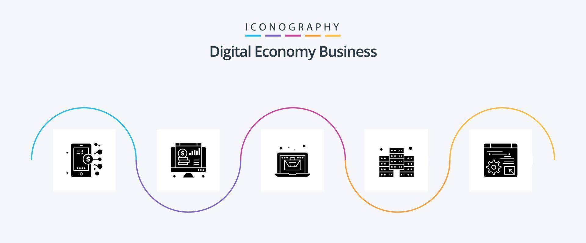 digital ekonomi företag glyf 5 ikon packa Inklusive redskap. webb. uppkopplad. databas. digital vektor