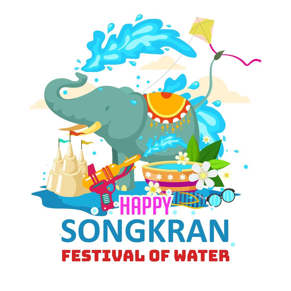 fröhlicher Songkran mit Elefanten, die Wasser spielen vektor