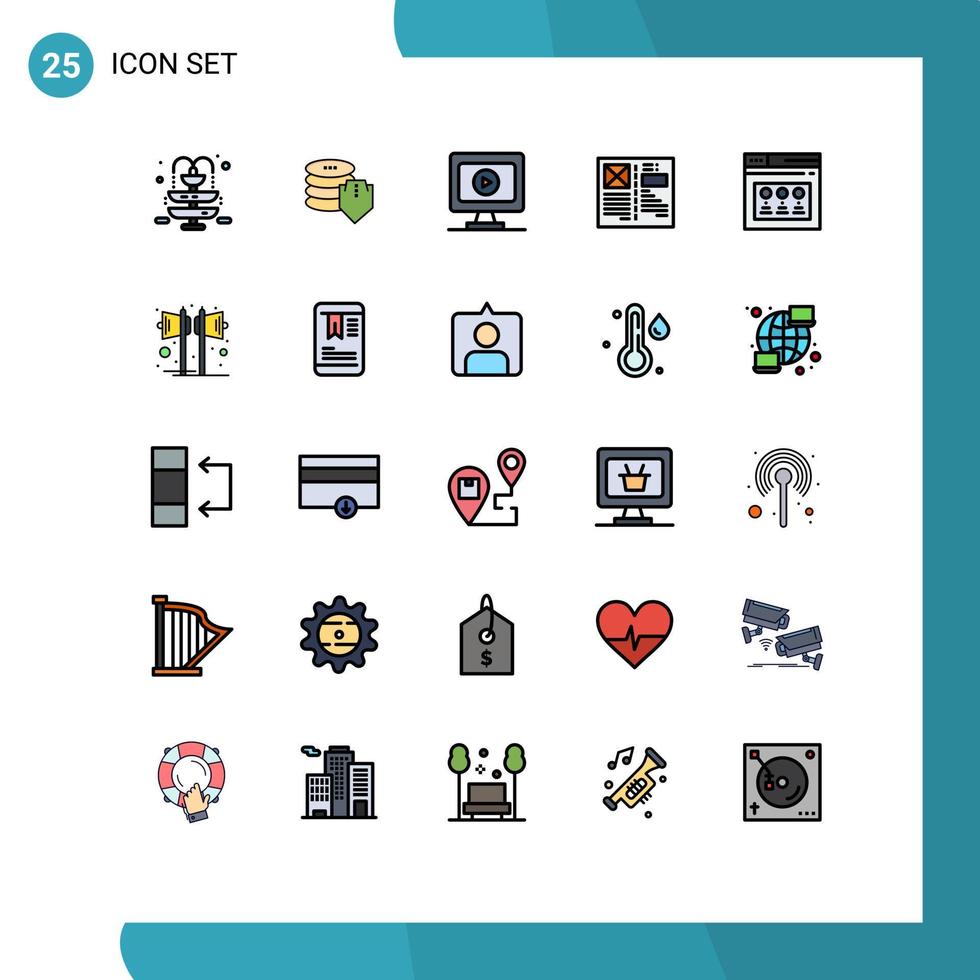 redigerbar vektor linje packa av 25 enkel fylld linje platt färger av webb internet video layout design redigerbar vektor design element