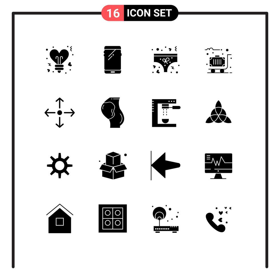redigerbar vektor linje packa av 16 enkel fast glyfer av pil resa samsung resväska underkläder redigerbar vektor design element