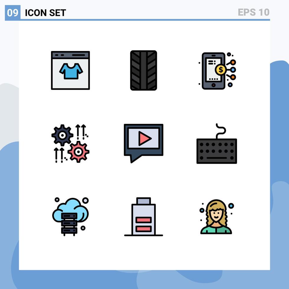 9 tematiska vektor fylld linje platt färger och redigerbar symboler av chatt pil företag hjul redskap redigerbar vektor design element