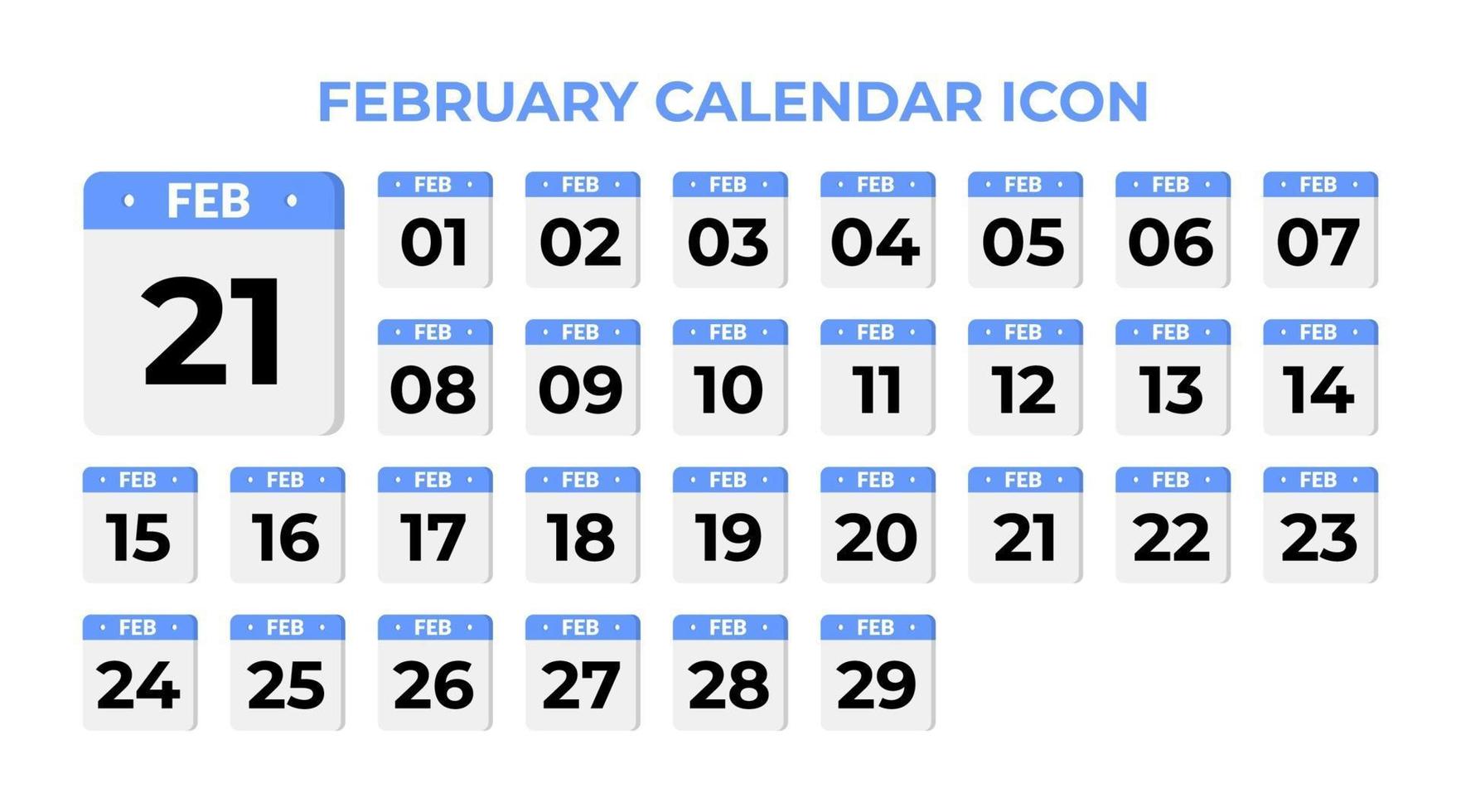 februari kalender ikon, inställd på blå vektor