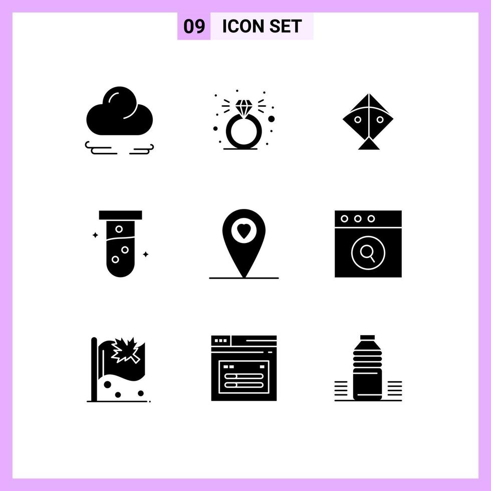 fast glyf packa av 9 universell symboler av Sök app flygande hjärta labb redigerbar vektor design element