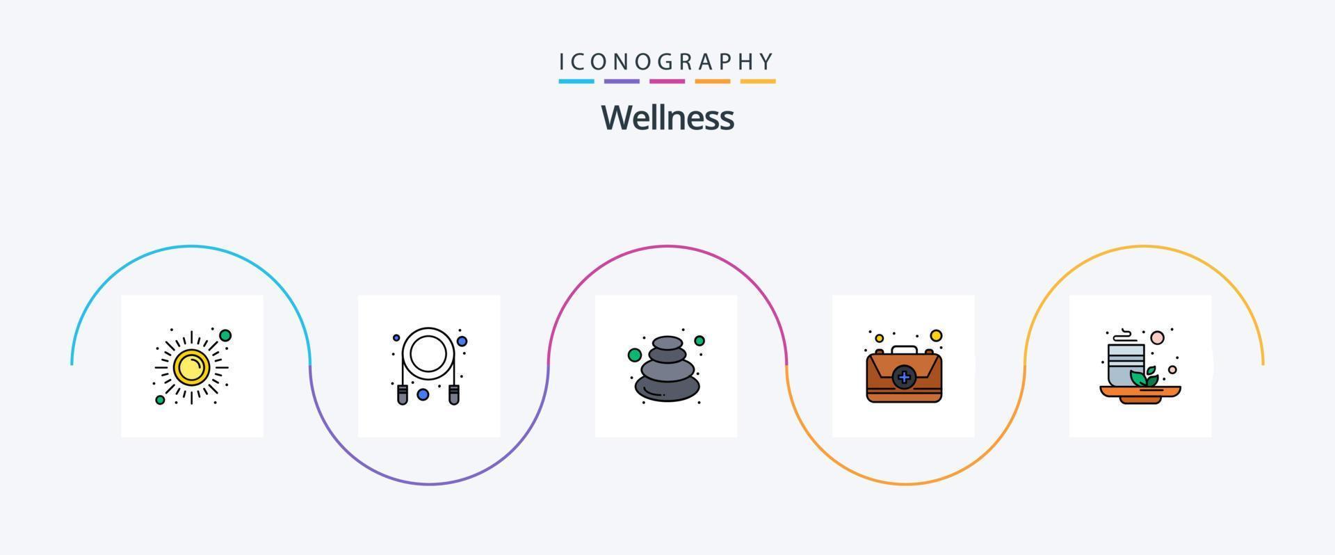 wellness linje fylld platt 5 ikon packa Inklusive kopp. först. varm. nödsituation. sten vektor