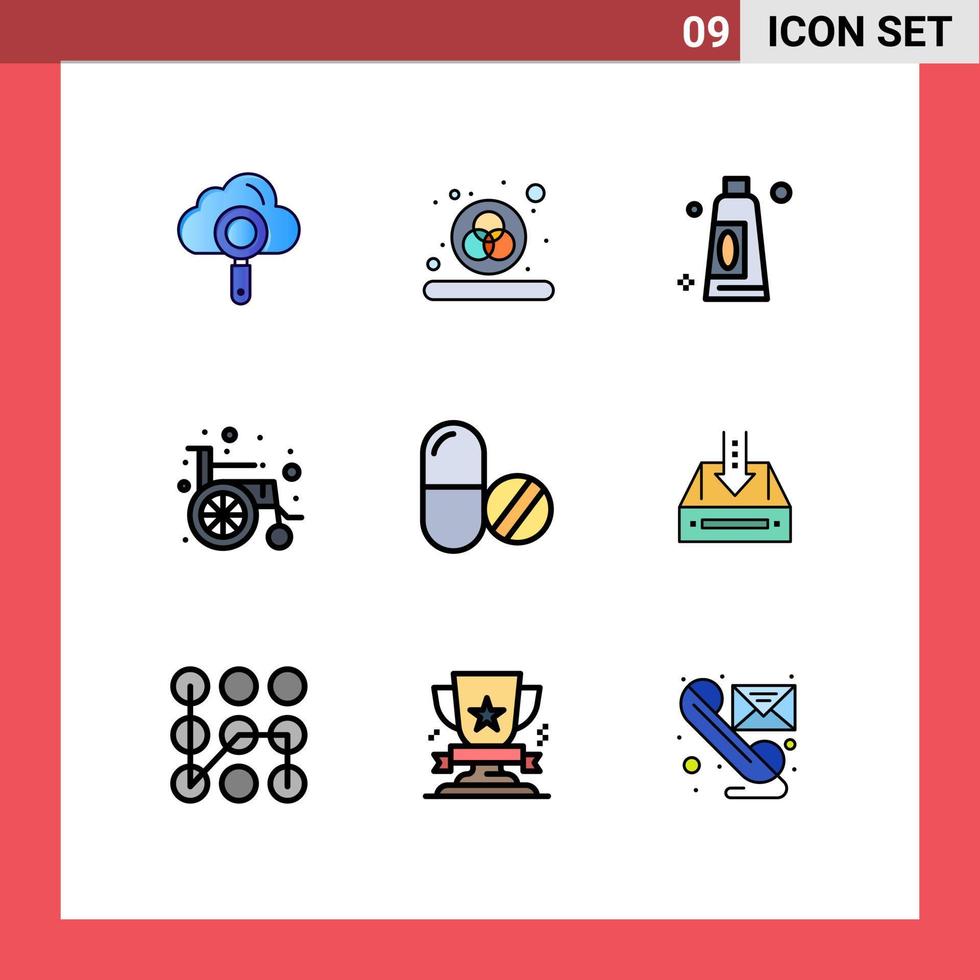 9 användare gränssnitt fylld linje platt Färg packa av modern tecken och symboler av inkorg piller rengöring medicinsk hjul stol redigerbar vektor design element