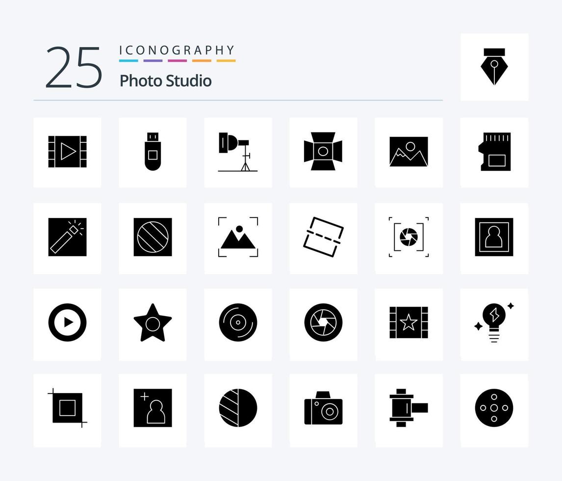 Foto studio 25 fast glyf ikon packa Inklusive sd. fotografi. ljus. fotograf. landskap vektor