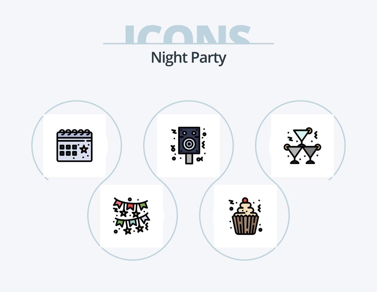 Nacht Party Linie gefüllt Symbol Pack 5 Symbol Design. Party. Feier. Party. Fahrkarte. Beleuchtung vektor