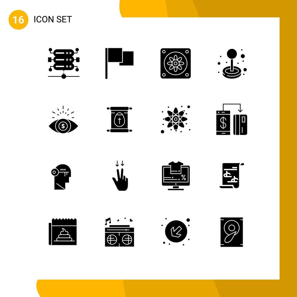 Gruppe von 16 solide Glyphen Zeichen und Symbole zum scrollen Bildung Joystick Geld Auge Geschäft editierbar Vektor Design Elemente