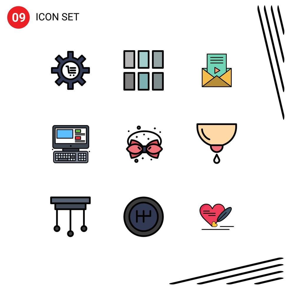 uppsättning av 9 vektor fylld linje platt färger på rutnät för utbildning övervaka bild dator SMS redigerbar vektor design element
