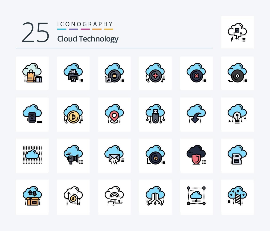 Wolke Technologie 25 Linie gefüllt Symbol Pack einschließlich Plus. hinzufügen. Drucker. Wolke. Chip vektor