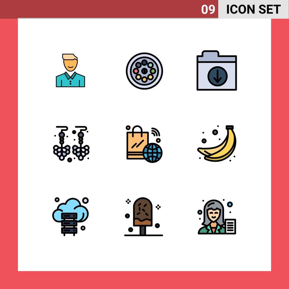 modern uppsättning av 9 fylld linje platt färger och symboler sådan som handla väska örhängen mekanisk släppa filer redigerbar vektor design element