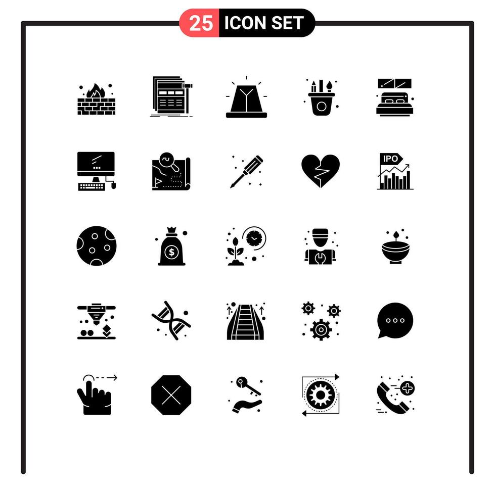 25 Universal- solide Glyphe Zeichen Symbole von Bett Farbe Drahtmodell Kunst Sirene editierbar Vektor Design Elemente
