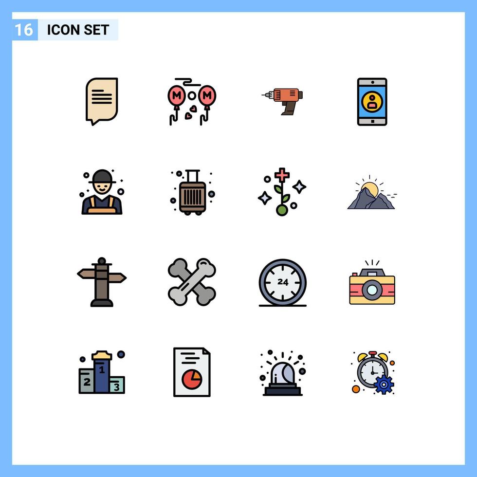 Universal- Symbol Symbole Gruppe von 16 modern eben Farbe gefüllt Linien von Farmer Profil Leistung Handy, Mobiltelefon Anwendung Anwendung editierbar kreativ Vektor Design Elemente