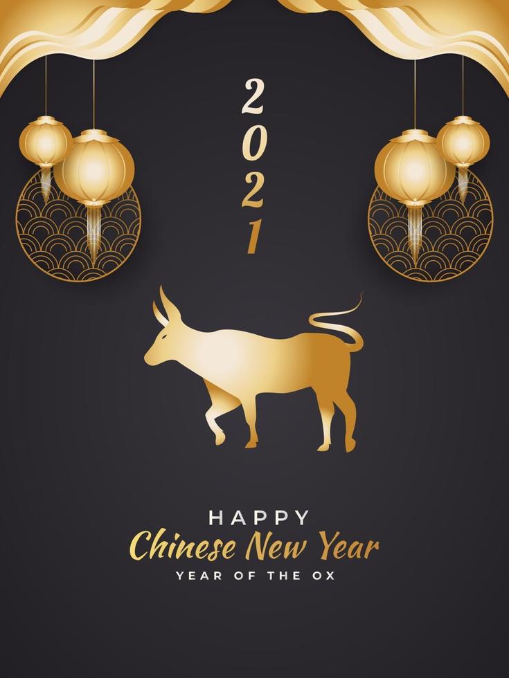 Frohes chinesisches Neujahr 2021 Jahr des Ochsen. Goldochse und Laterne auf schwarzem Hintergrund für Grußkarte, Plakat oder Fahne vektor