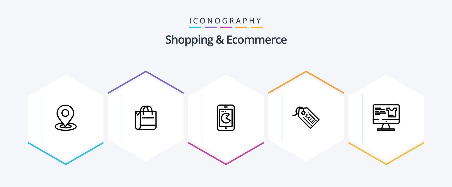 Einkaufen und E-Commerce 25 Linie Symbol Pack einschließlich Bildschirm . Verkauf. Kaufen . Etikett . E-Commerce vektor