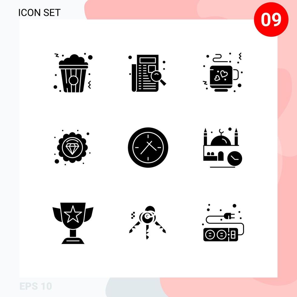 solide Glyphe Pack von 9 Universal- Symbole von Uhr Kino Anmeldung Marketing SEO Prämie editierbar Vektor Design Elemente