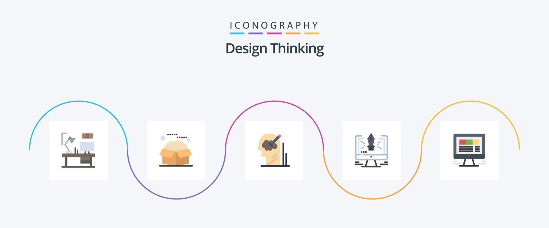 design tänkande platt 5 ikon packa Inklusive dator. penna. paket. lösning. användare vektor