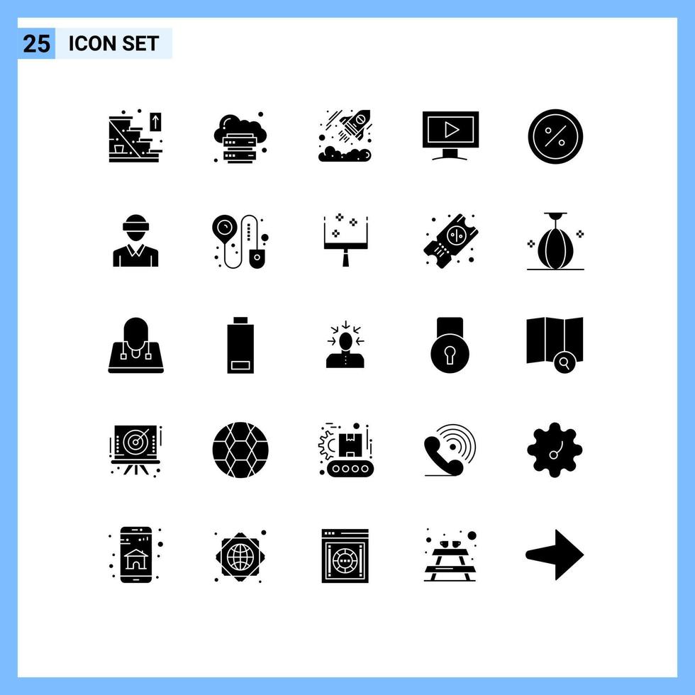 packa av 25 modern fast glyfer tecken och symboler för webb skriva ut media sådan som rabatt video plattform skärm börja redigerbar vektor design element