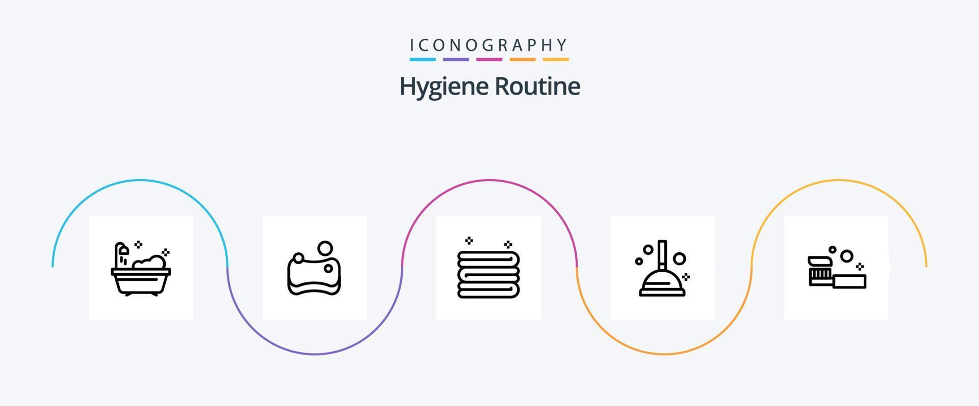 hygien rutin- linje 5 ikon packa Inklusive . dusch. handduk. rengöring. bad vektor