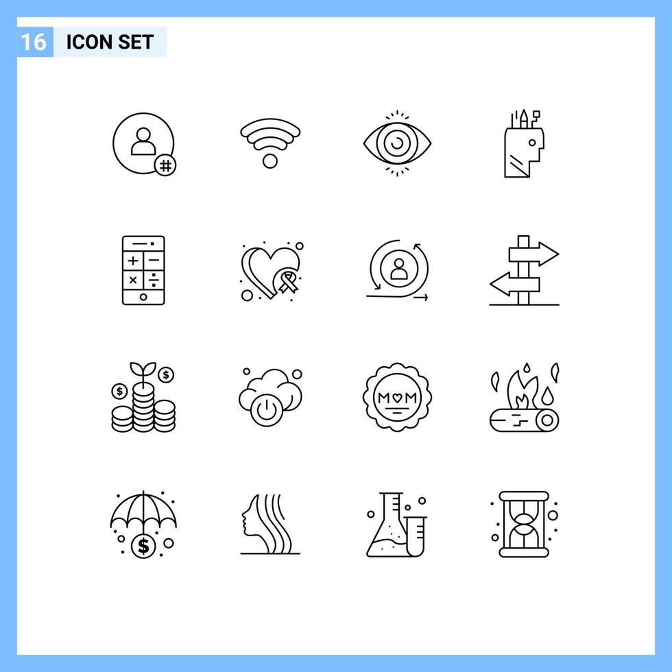 uppsättning av 16 modern ui ikoner symboler tecken för telefon kalkylator öga testa skola penna redigerbar vektor design element