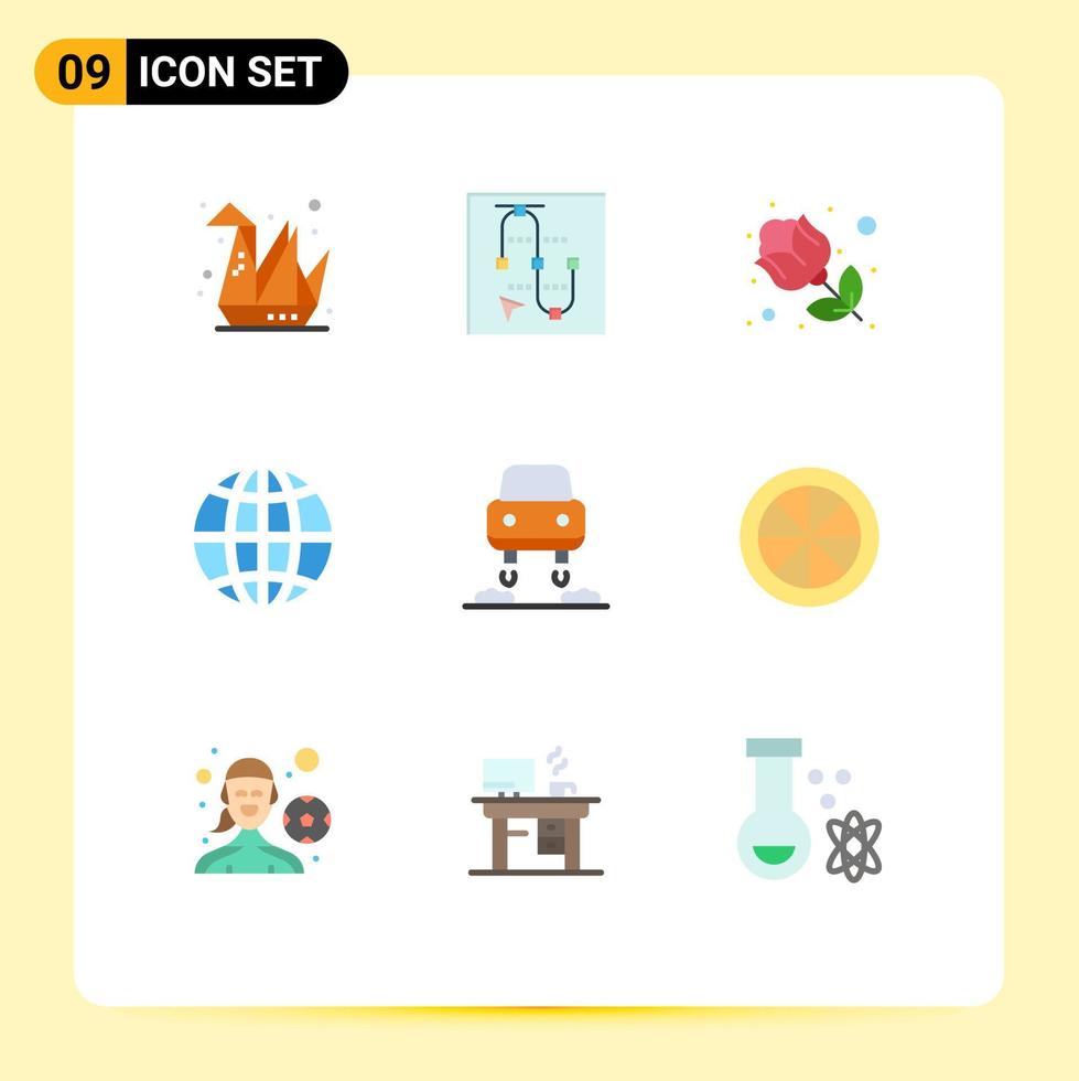 grupp av 9 platt färger tecken och symboler för flygande internet blomma klot jord redigerbar vektor design element