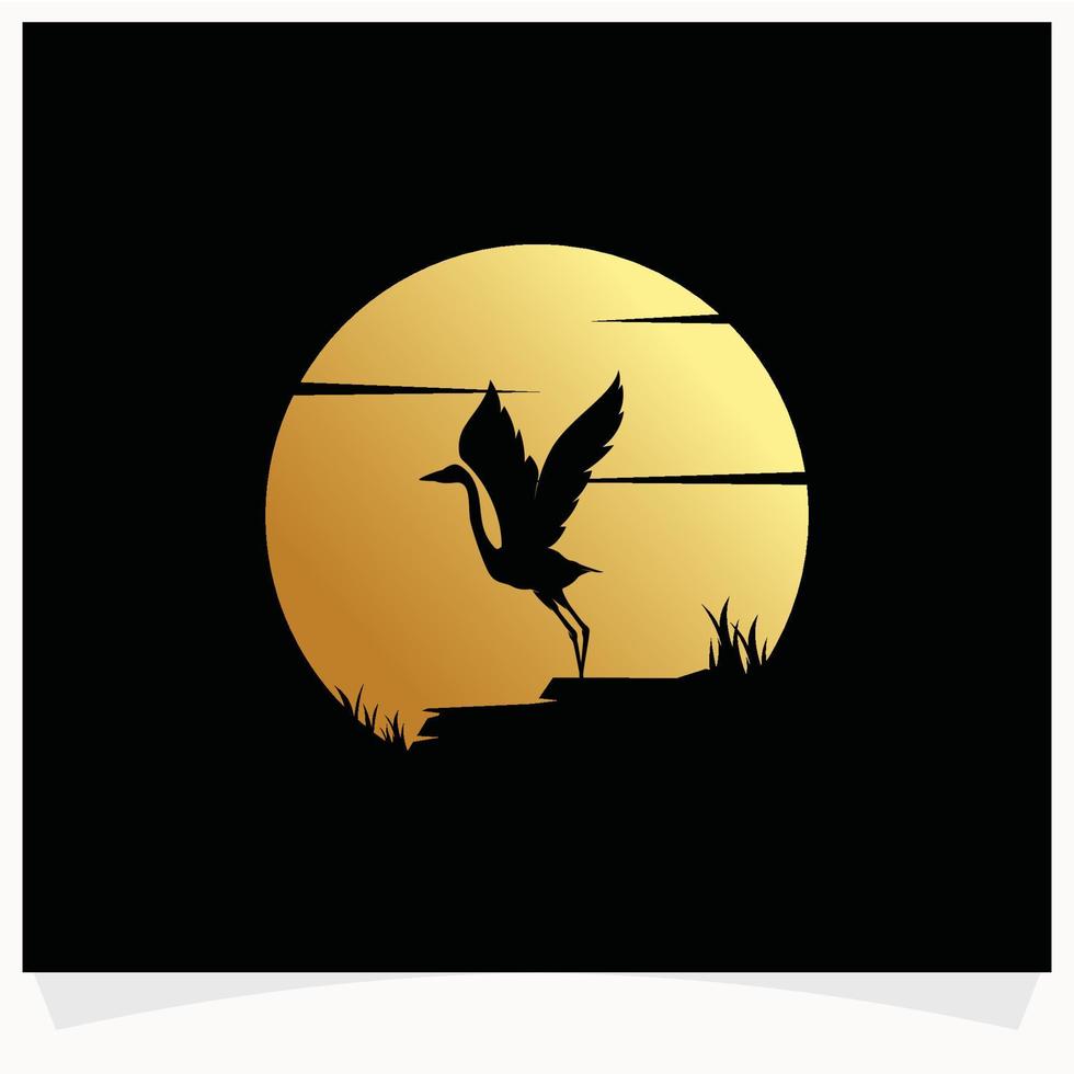 Reiher-Silhouette mit Mond-Hintergrund-Logo-Design-Vorlage vektor