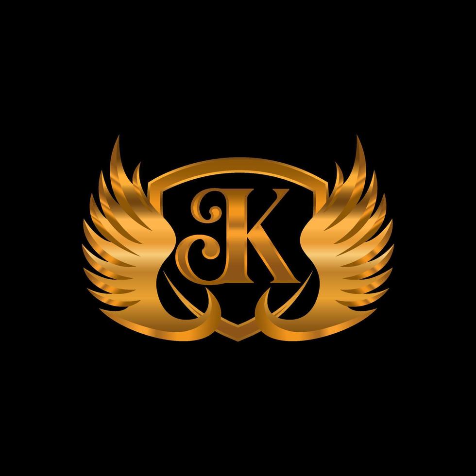 Luxus Flügel Logo mit k Brief. elegant Gold Schild Abzeichen Design zum Königtum, Brief Briefmarke, Boutique, Hotel, heraldisch, Schmuck, Automobil. vektor