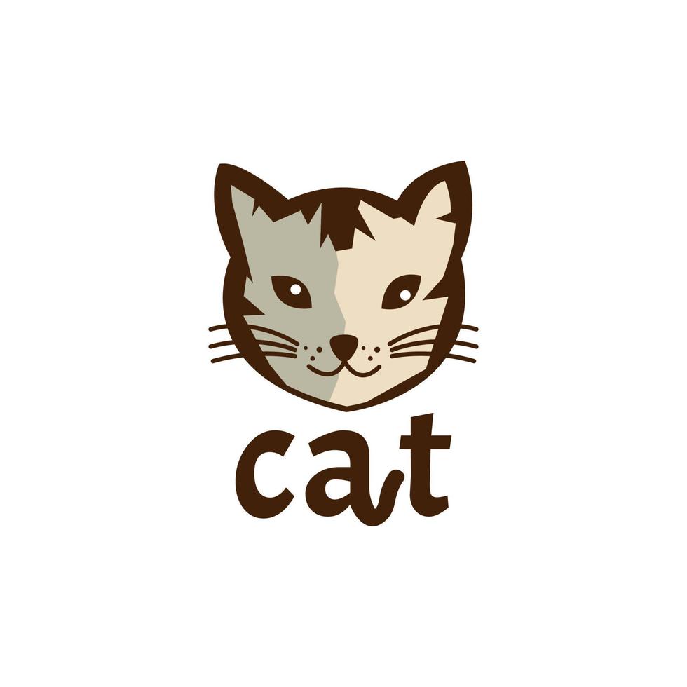 söt vektor katt tecknad serie logotyp mall. vektor platt linjär illustration och logotyp design mall. sällskapsdjur Sammanträde logotyp med tecknad serie katt, katt Sammanträde leende design vektor mall. Hem sällskapsdjur veterinär
