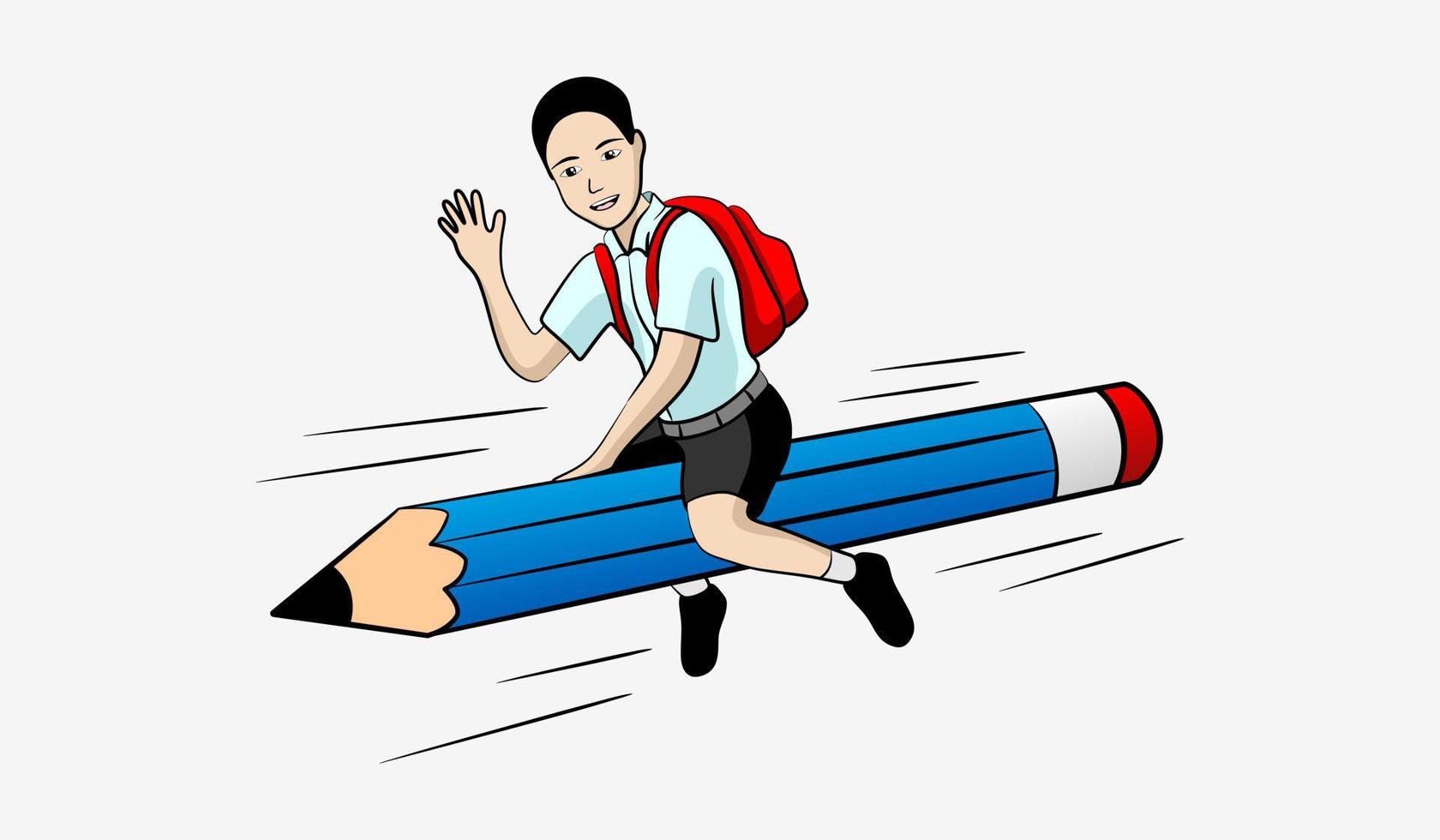 Vektor Junge oder Schüler und Blau Bleistift im Karikatur Form. Illustration von Menschen und fliegend Bleistifte.