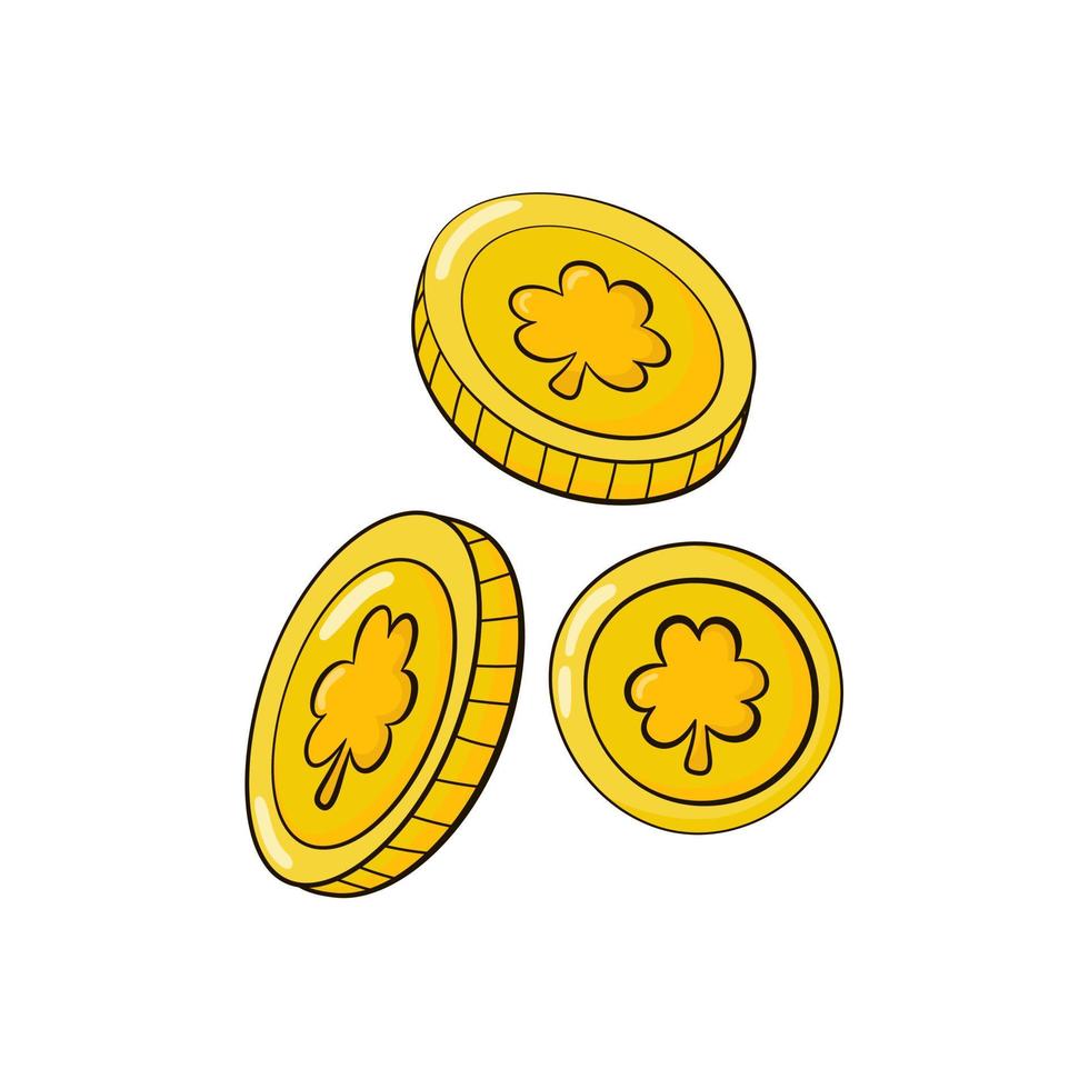Kobold Gold Münzen mit Kleeblatt Symbol, traditionell irisch Zeichen von gut Glück im Karikatur Stil vektor