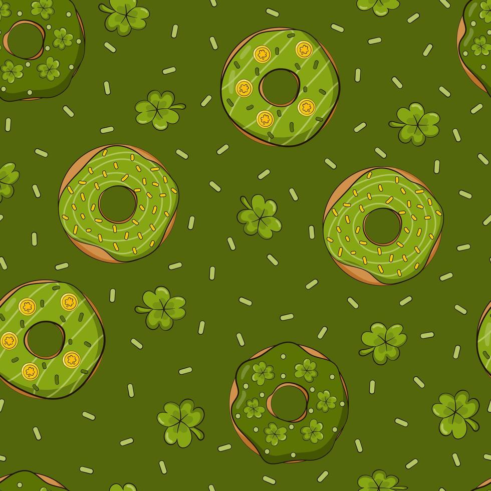 Krapfen thematisch Muster auf dunkel Grün Hintergrund mit Kleeblatt und Kleeblätter zum st Patricks Tag vektor