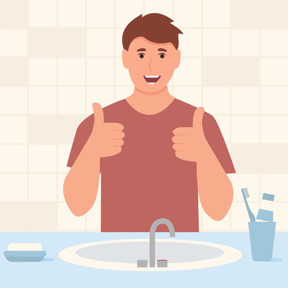 glücklich Mann zeigen Daumen oben im Badezimmer das Geste ist Cool. schön Lächeln von ein jung Mann mit gesund Weiß zähne.dental Pflege und Hygiene. Vektor Illustration