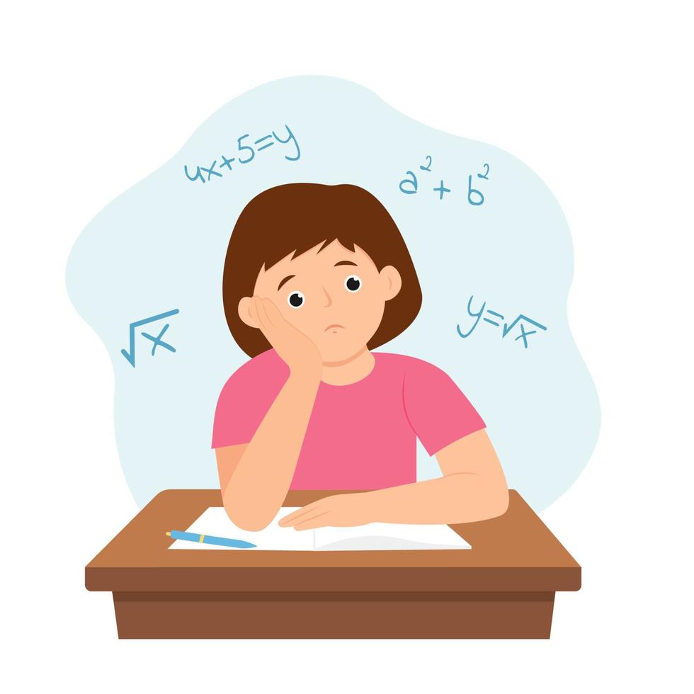 flicka håller på med läxa och känna förvirrad. barn på hans skrivbord lösning en matematik problem. vektor illustration